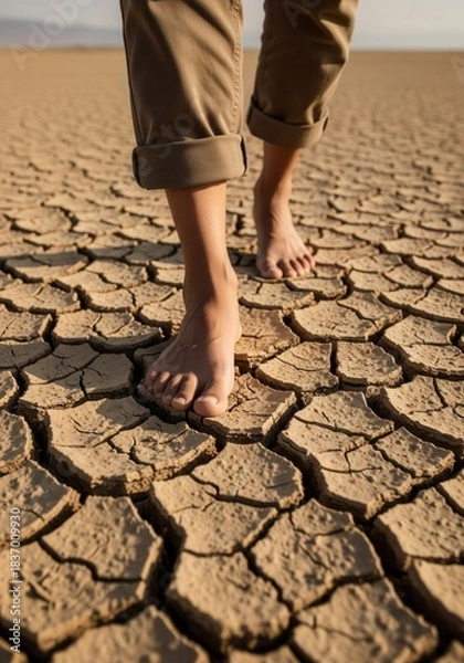 Obraz Barefoot Walk Across Parched Cracked Soil Under Desolate Desert Sun During Outdoor Adventure In Arid Landscape