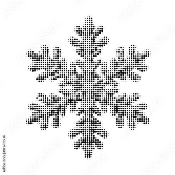 Fototapeta Halftone snowflake icon with detailed symmetrical shape in black dots on white background. Minimalist winter symbol for holiday design, decoration, and seasonal graphic projects.