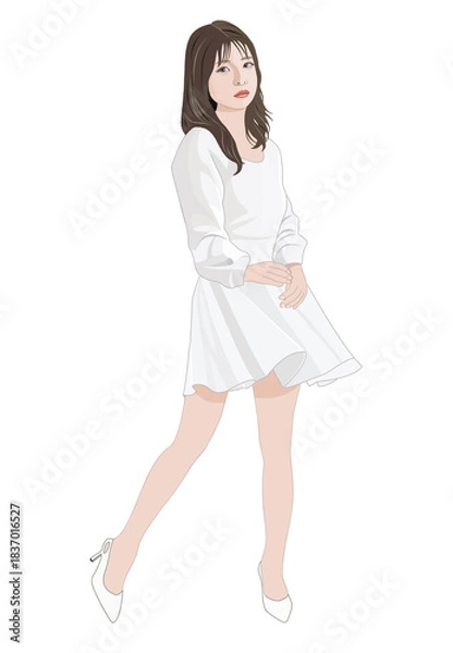 Fototapeta 白いワンピースでポーズをとる若い女性イラスト
