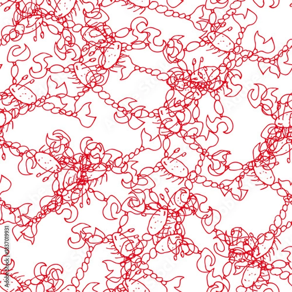 Obraz Seamless pattern with abstract doodle red crayfish on white background.