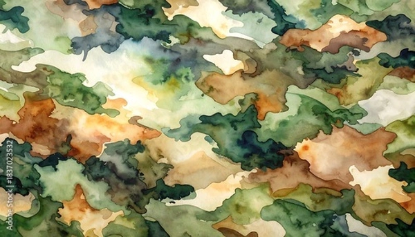 Fototapeta Abstract watercolor painting in greens, browns and yellows, resembling foliage or a landscape with blended colors