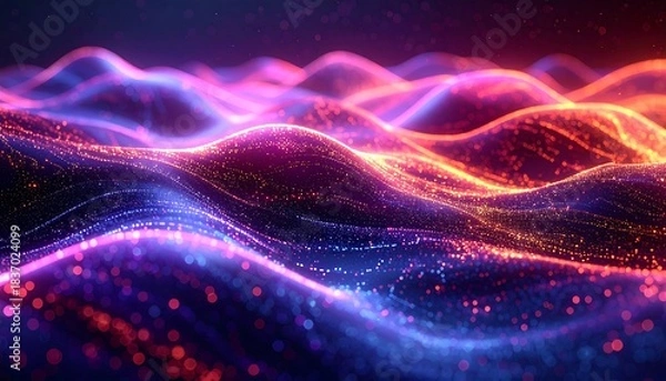 Fototapeta Abstract view of wavy, luminous lines in blue and orange, forming a landscape of glowing particles