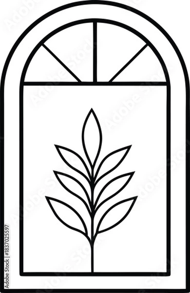 Fototapeta Arched Window Frame with Botanical Line Art Illustration