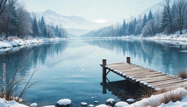 Fototapeta Serene frozen lake with a worn wooden dock, surrounded by snow-covered evergreen trees. Water color illustration