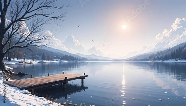 Fototapeta Serene frozen lake with a worn wooden dock, surrounded by snow-covered evergreen trees. Anime style illustration