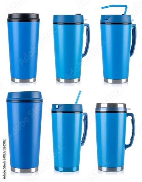 Fototapeta Set of blue insulated travel mugs, various angles and lid styles against white background