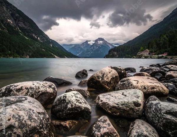 Fototapeta Serene mountain lake scene with boulders in foreground, dramatic clouds, and forested slopes