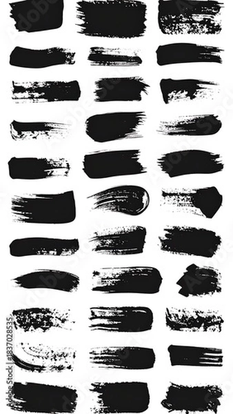Fototapeta Set of diverse textured black brush strokes, splashes, and marks on a white background