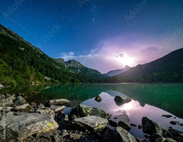 Fototapeta Serene mountain lake under a starry night sky, illuminated by lightning and reflected in calm water