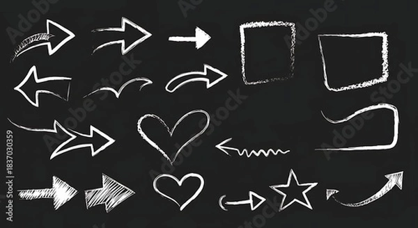Fototapeta Set of hand-drawn white arrows, squares, heart, and star on a dark gray background