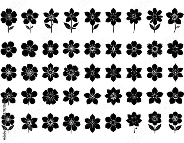 Fototapeta Set of monochrome floral silhouettes, varying styles and shapes, ideal for design elements