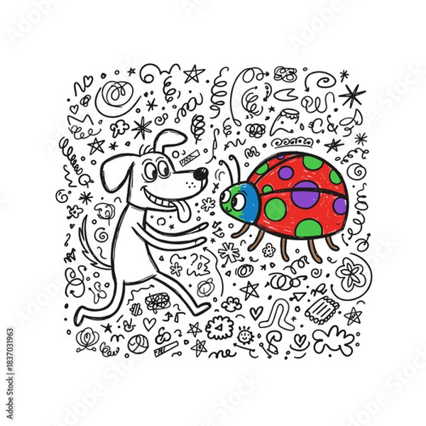 Fototapeta Playful dog interacting with colorful ladybug in doodle background  