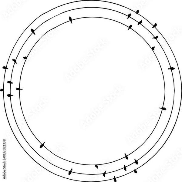 Fototapeta Vector trail print of bird isolated on white background. Circle silhouette. Starling birds flock on wires template