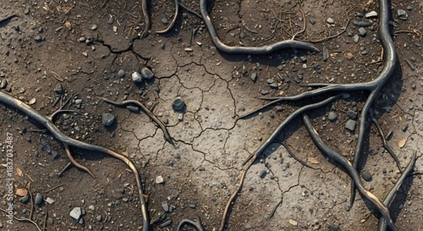 Fototapeta Cracked Earth and Exposed Roots - A Study in Aridity and Resilience.