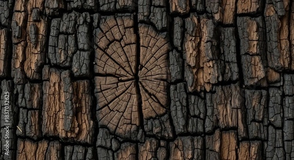 Fototapeta Detailed Close-Up of Charred Wood Texture with Radial Cracks.
