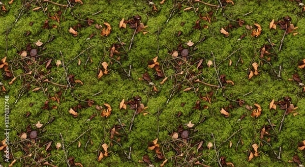 Fototapeta Detailed Overhead View of Forest Floor with Green Moss and Debris.