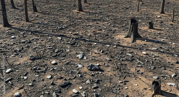 Fototapeta Devastated landscape after a forest fire with charred trees and barren ground.