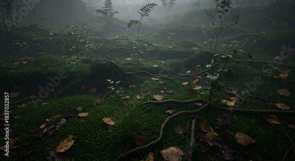 Fototapeta Eerie Forest Floor with Fallen Leaves and Foggy Backdrop.