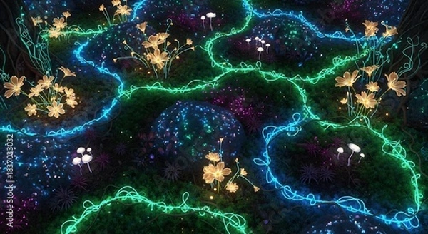 Fototapeta Enchanted bioluminescent garden with glowing flora and mystical pathways.