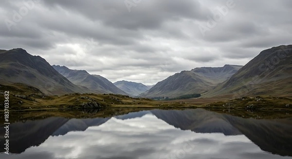 Fototapeta Serene mountain landscape with lake reflecting overcast sky and distant peaks
