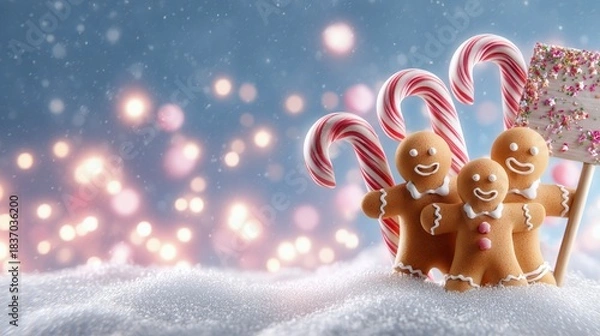 Fototapeta Gingerbread family standing on snow with candy canes and holiday bokeh lights