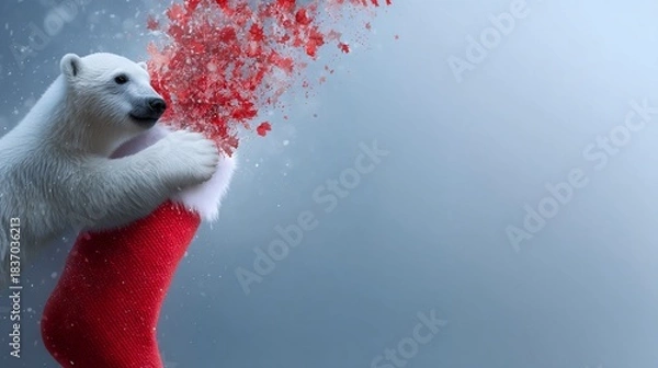 Fototapeta Cute polar bear cub hugging giant red Christmas stocking in snowy field