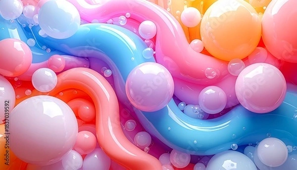 Fototapeta Abstract art Curvy tubes and spheres in pastel hues create a bubbly, playful composition with light and shadow