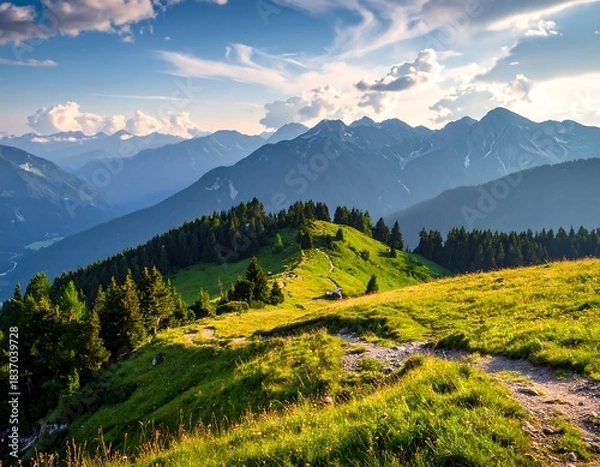 Fototapeta Serene mountain vista with lush green hills, forests, distant peaks, and a winding path