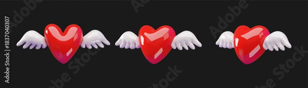 Fototapeta 3D vector illustration of a red heart with wings from different angles. Valentine's Day Design Elements