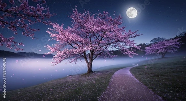Fototapeta Serene night scene with blooming cherry trees, full moon, and misty lake