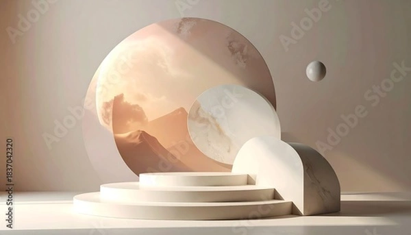 Fototapeta Abstract beige platform scene with geometric shapes and mountain landscape within a circle