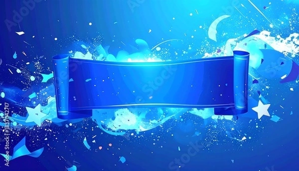 Fototapeta Abstract blue ribbon amid star bursts and confetti over a blue gradient backdrop with white highlights