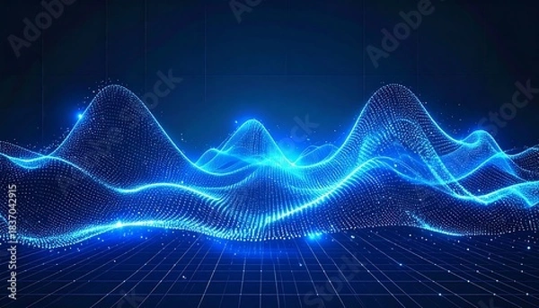 Fototapeta Abstract blue waves rise above a grid-like ground, emitting bright light against a dark background