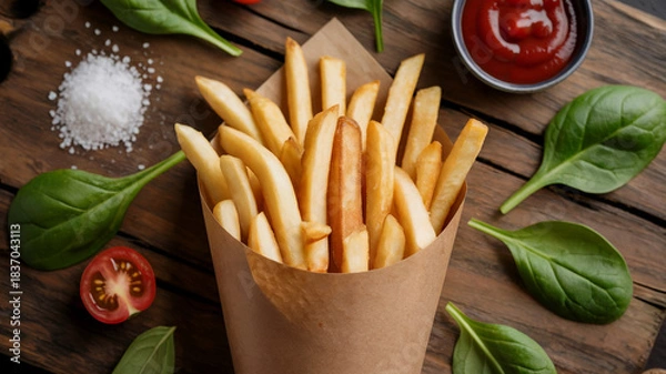 Obraz Crispy Golden French Fries in Paper Cone on Wooden Table