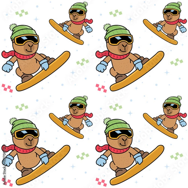 Fototapeta Capybara Snowboard Seamless Pattern White