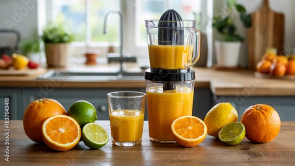 Obraz Fresh Citrus Juice with Juicer and Sliced Fruits