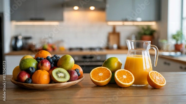 Obraz Fresh Mixed Fruits with Orange Juice in a Modern Kitchen
