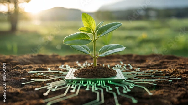 Obraz Green Tech Growth Plant on Microchip Soil