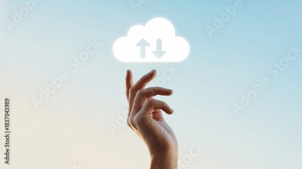 Obraz Hand Reaching Toward Cloud Data Upload Icon