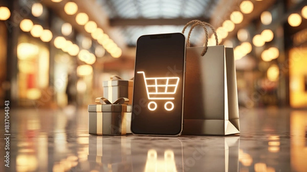 Obraz Mobile Shopping Cart with Gift Boxes in Luxury Mall