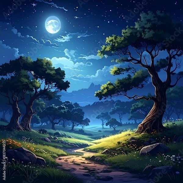 Fototapeta Serene nighttime scene with a path winding through trees under a bright full moon