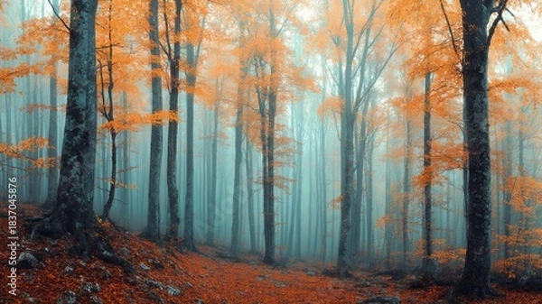 Obraz Autumn forest pathway with vibrant foliage. Artificial intelligence image