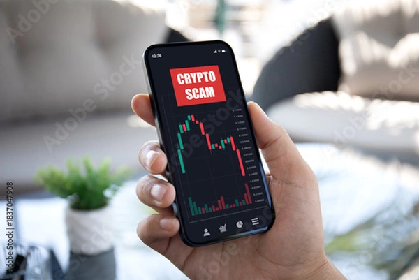 Obraz man hand hold phone with chart scam crypto coins on screen