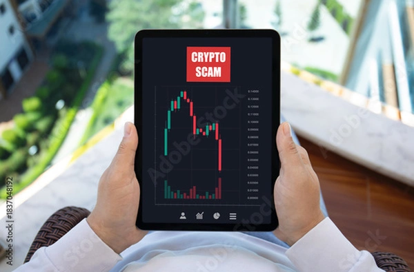 Obraz male hands hold computer tablet with chart scam crypto coins