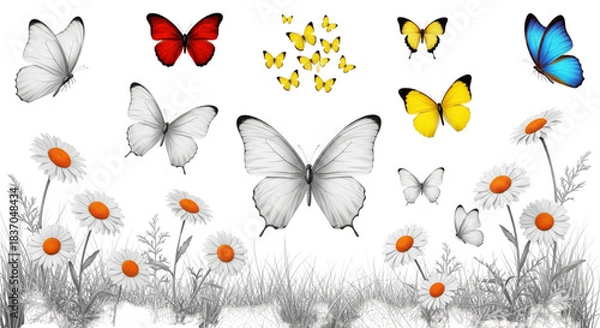 Fototapeta Vibrant Butterflies Flying Over Grayscale Daisy Flowers Spring Meadow Design Element