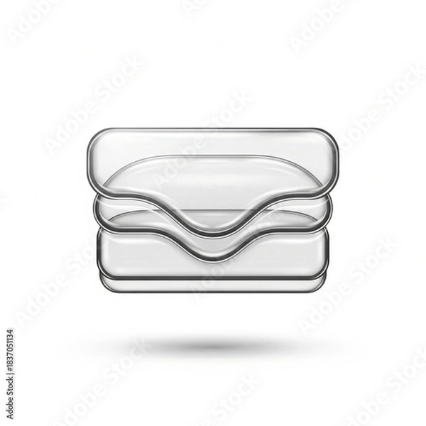 Obraz Abstract 3D glass layers stack with curved wave center isolated on white. Transparent geometric structure representing mattress cushioning technology, material science and ergonomic protection.