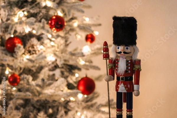 Obraz Wooden nutcracker toy standing next to a decorated Christmas tree with warm lights and red ornaments.