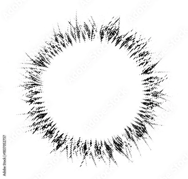 Obraz Macro halftone ring of spiky grass-like strokes forming a circular burst frame. Black printed dots and lines on a transparent background PNG.