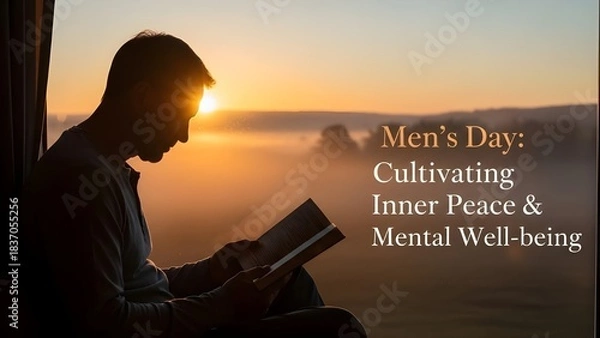 Fototapeta Silhouette reading by sunrise window, bathed in warm light—evoking Men’s Day themes of peace, reflection, and mental well-being.