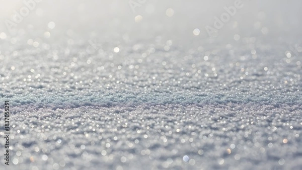 Fototapeta Close-up of snow crystals with bokeh light and soft hues—evoking serenity, texture, and ethereal winter calm.